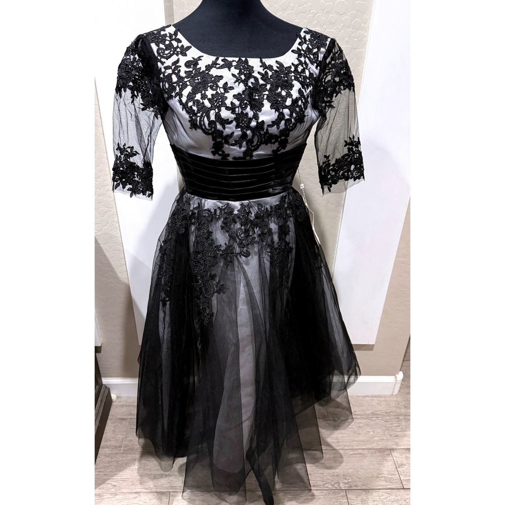 TS Couture Black Lace Tulle Cocktail Dress Silver Satin Corset Back Tea Length 4